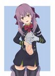  1boy 1girl cum gloves hair_ribbon handjob hiiragi_shinoa military_uniform owari_no_seraph penis purple_hair ribbon 