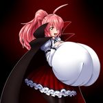  1girl breast_suppress breasts brown_eyes cloak female gigantic_breasts hair_over_one_eye happy higuma long_hair open_mouth ponytail red_hair skirt smile solo standing thick_thighs 
