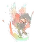  1girl boots cape chibi rapop ruby_rose rwby scythe short_hair wings wink 