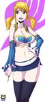  1girl blonde_hair breasts brown_eyes cleavage detached_sleeves fairy_tail female key kyoffie large_breasts lucy_heartfilia midriff simple_background smile solo thighhighs twintails 