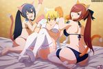  3girls barefoot bikini blonde_hair blue_hair breasts cat_ears cat_tail erza_scarlet fairy_tail feet large_breasts lucy_heartfilia multiple_girls no_shoes red_hair smile swimsuit tail toes wendy_marvell 