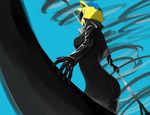  1girl animal_ears ass back biker_clothes bikesuit bodysuit cat_ears celty_sturluson durarara!! helmet latex legs motorcycle_helmet scythe solo weapon 