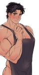  1boy apron areola_slip areolae birthmark black_hair blush collarbone cowboy_shot erect_nipples highres jojo_no_kimyou_na_bouken jonathan_joestar looking_at_viewer male_focus muscle naked_apron pectorals sb_(hiratsei) simple_background smile solo standing white_background 