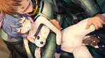  1girl armor bare_shoulders bottomless breasts brown_hair censored cum cum_in_pussy drooling eyes_closed game_cg gradient_hair green_hair hug multicolored_hair nipples open_mouth orion_(orionproject) penis pigu_geliciam purple_hair rance rance_(series) rance_ix sex tears white_skin 