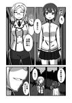  arms_behind_back comic glasses greyscale hayasui_(kantai_collection) kantai_collection katori_(kantai_collection) long_hair monochrome multiple_girls nishi_koutarou open_mouth pantyhose short_hair skirt smile translated 