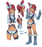  1girl ass back boots condom dark_skin female full_body fuuro_(pokemon) gym_leader multiple_views pokemon ponytail ryunryun smile solo v 