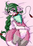  1girl artist_request chest_tuft furry green_eyes green_hair laying_down long_hair open_mouth ponytail solo 