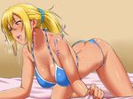  1girl all_fours ass back bed bikini blonde_hair blue_bikini blush breasts butt_crack drunk female highres large_breasts legs long_hair looking_away nigou open_mouth ponytail red_eyes sheet_grab shiny shiny_skin solo sweat swimsuit thighs 