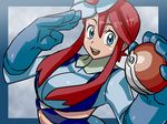  1girl aruni blue_eyes blush breasts female fuuro_(pokemon) gym_leader huge_breasts long_hair looking_at_viewer navel poke_ball pokemon pokemon_bw red_hair salute smile solo 