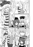  3girls american_flag_dress american_flag_legwear bare_shoulders chinese_clothes clownpiece comic dress earth_(ornament) fairy_wings fourth_wall greyscale hat hecatia_lapislazuli highres indosou jester_cap junko_(touhou) long_hair long_sleeves monochrome moon_(ornament) multiple_girls open_mouth pantyhose polos_crown sash shirt skirt smile star striped t-shirt tabard touhou translated very_long_hair wide_sleeves wings 