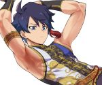  1boy alternate_costume arm_up armlet armpits blue_eyes blue_hair chinese_clothes idol idolmaster idolmaster_side-m idolmaster_side-m_live_on_stage! looking_at_viewer male_focus ponzu_(beetle_burner) simple_background sleeveless solo taiga_takeru world_tre@sure_(idolmaster) 