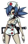  1girl blue_hair breasts face_mask female legs mask nurse nurse_cap red_eyes skullgirls surgical_mask valentine_(skullgirls) 