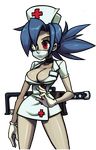  1girl blue_hair breasts face_mask female legs mask nurse nurse_cap ponytail red_eyes skullgirls surgical_mask valentine_(skullgirls) 