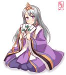  1girl alternate_costume artist_logo blush cowboy_shot crown dated eyebrows_visible_through_hair fan folding_fan hair_between_eyes hakama highres hina_ningyou japanese_clothes kanon_(kurogane_knights) kantai_collection kimono long_hair long_sleeves looking_at_viewer purple_eyes purple_hakama purple_kimono sagiri_(kantai_collection) saishi signature silver_hair simple_background sitting smile solo wariza white_background wide_sleeves 