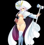  1girl areolae blush breasts breasts_outside cape curvy erectlip female hat large_breasts lavender_hair long_hair looking_at_viewer navel nipples ozawa_akifumi panties red_eyes solo staff standing thick_thighs thighhighs thong underwear weapon wide_hips 