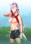  1girl :/ animal_ears areolae bangs bare_arms bare_shoulders blue_sky blunt_bangs breasts bridle closed_mouth day gold_ship groin half-closed_eyes hand_up hip_focus horse_ears horse_girl horse_tail jack_hamster lifted_by_self long_hair navel no_bra outdoors pasties perky_breasts purple_eyes red_shirt shirt shorts silver_hair sky solo sportswear standing sweat tail thighs toned umamusume very_long_hair wiping_face wiping_sweat 