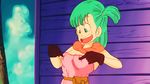  1girl :o animated animated_gif blue_eyes bouncing_breasts breast_poke breasts bulma dragon_ball dragonball_z dress erect_nipples gloves green_hair happy long_hair looking_down nipples oolong open_mouth pink_dress poking ponytail saliva scarf side_ponytail sky smile solo transformation 
