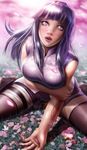  1girl alan_vadell bleeding blood blush breasts hime_cut hyuuga_hinata lavender_eyes leaning_forward long_hair looking_at_viewer naruto naruto:_the_last open_mouth purple_hair shorts silver_eyes sitting sleeveless solo thighhighs 