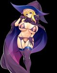  1girl areolae blonde_hair blue_eyes blush breasts cape curvy erectlip hat huge_breasts lingerie long_hair looking_at_viewer navel nipples ozawa_akifumi solo standing thighhighs thong underwear wide_hips witch_hat 