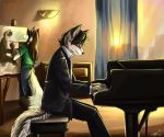  canid canine canis duo eyewear fox glasses mammal musical_instrument painting piano tatujapa wolf 