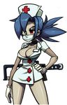  1girl blue_hair breasts face_mask female legs mask nurse nurse_cap ponytail red_eyes skullgirls surgical_mask valentine_(skullgirls) 