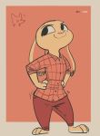  2019 :3 anthro barefoot clothed clothing color_swatch dipstick_ears disney female flying_sweatdrops fuel_(artist) grey_border hands_on_hips judy_hopps lagomorph looking_away mammal motion_lines rabbit red_background restricted_palette simple_background smile solo standing sweat sweatdrop warm_colors zootopia 