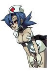  1girl blue_hair breasts face_mask female legs mask nurse nurse_cap ponytail red_eyes skullgirls surgical_mask valentine_(skullgirls) 