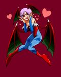  bare_shoulders bat_print bat_wings boots capcom head_wings heart hearts high_heel_boots high_heels lilith_aensland pantyhose print_legwear red_eyes short_hair smile solo succubus vampire_(game) wings 