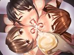  1boy 3girls artist_request blush body_blush brown_hair cum cum_in_container cumdrip glass gokkun happy looking_at_viewer male_hand multiple_girls pov short_hair smile tongue tongue_out 