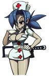  1girl blue_hair breasts face_mask female legs mask nurse nurse_cap ponytail red_eyes scar skullgirls surgical_mask valentine_(skullgirls) 