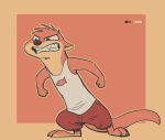  2019 angry anthro bared_teeth barefoot brown_border claws clothed clothing color_swatch fuel_(artist) mammal mustelid oliver_(fuel) otter red_background restricted_palette shirt simple_background solo standing tank_top toe_claws warm_colors 