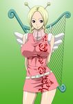  angel_wings antennae arms_behind_back belt blonde_hair blue_eyes breasts conis dress female harp highres instrument large_breasts legs long_hair looking_at_viewer nel-zel_formula one_piece open_mouth simple_background smile solo standing thighs twin_braids wings zipper 