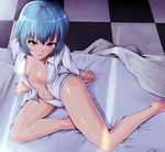  ayanami_rei barefoot bed bed_sheet blue_hair blush breasts checkered checkered_floor crack floor futon kasai_shin long_legs looking_at_viewer navel neon_genesis_evangelion no_bra open_clothes open_shirt panties parted_lips perspective photoshop red_eyes shirt short_hair sitting small_breasts solo underwear white_panties yokozuwari 