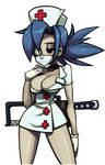  1girl blue_hair breasts face_mask female legs mask nurse nurse_cap ponytail red_eyes skullgirls surgical_mask valentine_(skullgirls) 