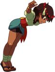  1girl ajna_(indivisible) balancing brown_eyes brown_hair dark_skin indivisible looking_down sandals tagme 