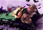  1girl bats blush boots breasts cleavage debu-rabu fat green_eyes green_hair high_heels huge_breasts lying morrigan_aensland on_back solo succubus thick_thighs vampire_(game) 