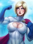  1girl blonde_hair blue_eyes blush breasts cleavage cleavage_cutout dc_comics female gloves kryptonian large_breasts lips looking_at_viewer open_mouth power_girl red_lipstick short_hair solo superman_(series) 