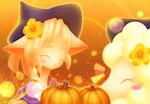  1girl blonde_hair cat eyes_closed furry halloween notaka pumpking solo witch_hat 