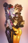  2girls absurdres amelie_lacroix ass ass_grab bodysuit breasts cleavage eye_contact highres jacket lena_oxton looking_at_another multiple_girls overwatch reptileye tracer_(overwatch) widowmaker_(overwatch) yuri 