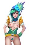  alternate_hair_color arcade_(league_of_legends) biting bottomless breasts breasts_outside colored_pubic_hair cropped_jacket fingerless_gloves gloves green_hair hands_on_hips hood knightgawain league_of_legends lip_biting lipstick makeup nipples no_panties no_pants pubic_hair pussy riven_(league_of_legends) scarf shirt_lift solo topknot uncensored 