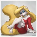  2019 3_toes animaniacs anthro barefoot big_breasts blonde_hair breasts colored_nails eyeshadow female fluffy fluffy_tail fur hair looking_at_viewer makeup mammal minerva_mink mink mustelid solo teaselbone toes warner_brothers white_fur 
