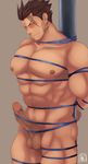  1boy abs brown_hair fairy_tail looking_at_viewer male_focus muscle pecs penis restrained short_hair silver_fullbuster solo testicles 
