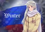  artist_name axis_powers_hetalia blush_stickers copyright_name flag_background genderswap light_smile long_hair looking_at_viewer medal military_jacket official_style oradd purple_eyes russia_(hetalia) scarf silver_hair solo upper_body 