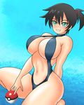  alternate_hair_color aqua_eyes bare_shoulders barefoot black_hair blush breasts cleavage dengeki!_pikachu fangs feet female grin gym_leader highleg highleg_swimsuit kasumi_(pokemon) large_breasts legs navel one-piece_swimsuit pokemon ponytail short_hair side_ponytail smile solo swimsuit wet wetsuit 