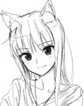  animal_ears fang greyscale holo kawakami_rokkaku long_hair looking_at_viewer monochrome protected_link simple_background smile solo spice_and_wolf white_background wolf_ears 