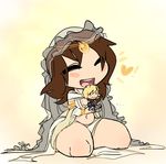  1girl blonde_hair blush brown_hair chibi dark_souls open_mouth queen_of_sunlight_gwynevere size_difference souls_(from_software) thick_thighs 