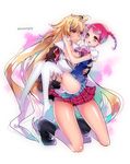  2girls asymmetrical_docking blonde_hair blush breast_press breasts gym_clothes large_breasts long_hair multiple_girls open_clothes patatata red_eyes red_hair shikishima_mirei shirt_lift tokonome_mamori valkyrie_drive valkyrie_drive_-mermaid- yuri 
