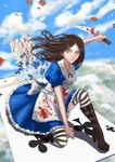  ace_of_spades alice:_madness_returns alice_(wonderland) bad_id bad_pixiv_id black_footwear blood bloody_clothes bloody_knife blue_dress blue_eyes blue_sky boots brown_hair bug butterfly card cloud day dress high_heels highres holding holding_knife insect jewelry knife long_hair looking_at_viewer necklace parted_lips pinafore_dress playing_card riz_(taiwan) sky solo striped striped_legwear thighhighs 