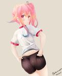  ass ass_grab azure_symphony backboob bike_shorts blonde_hair blue_hair blush breasts cameltoe deep_skin from_behind gym_clothes hair_ribbon harusame_(kantai_collection) kantai_collection long_hair looking_back multicolored_hair pantylines pink_eyes pink_hair ribbon side_ponytail solo 