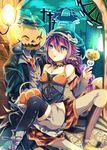  1girl animal_ears artist_request bag blue_eyes candy cross dress halloween hat necktie pumpkin pumpkin_head purple_hair wand witch_hat 